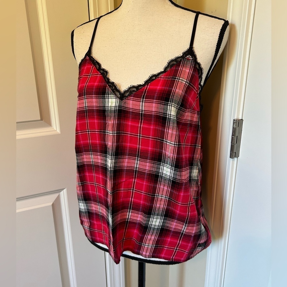 Victoria's Secret Red Plaid v neck Lace Cami sleep wear pajama top